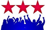 logo with three red stars and and people jumping up in blue