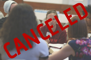 image of people talking with 'CANCELLED' in red letters overlayed