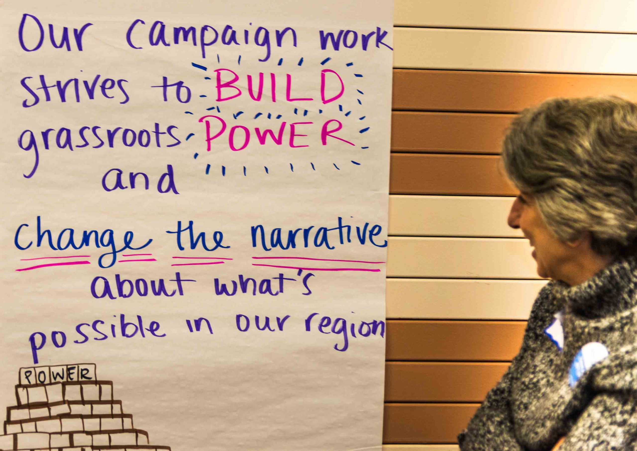 A person standing in front of a sign that reads: our campaign work strives to build grassroots power and change the narrative about what's possible in our region