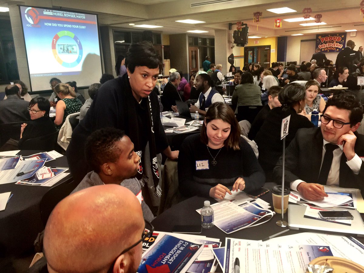 Mayor Bowser speaks to a table of advocates at a budget forum.