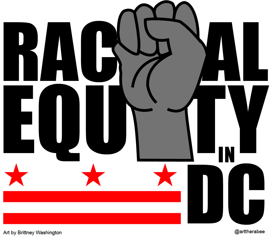 graphic of fist reading racial equity in dc