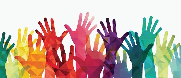 rainbow hands reaching upwards