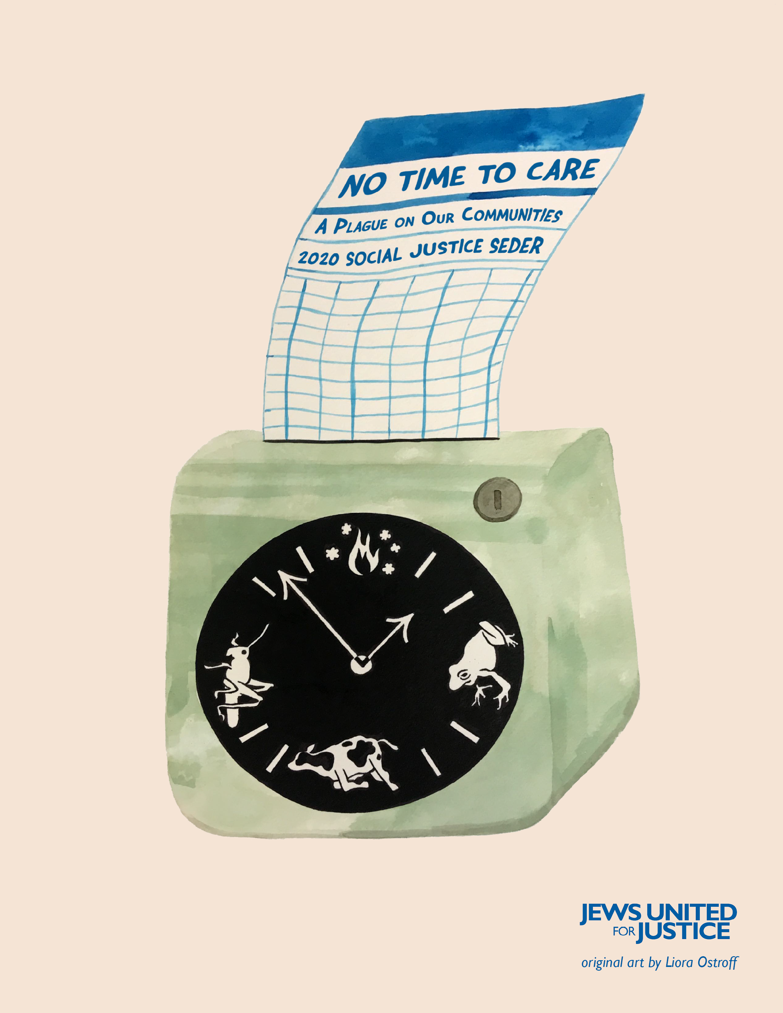 Time clock with plagues on it and a time card that says No Time To Care: A Plague on Our Communities.