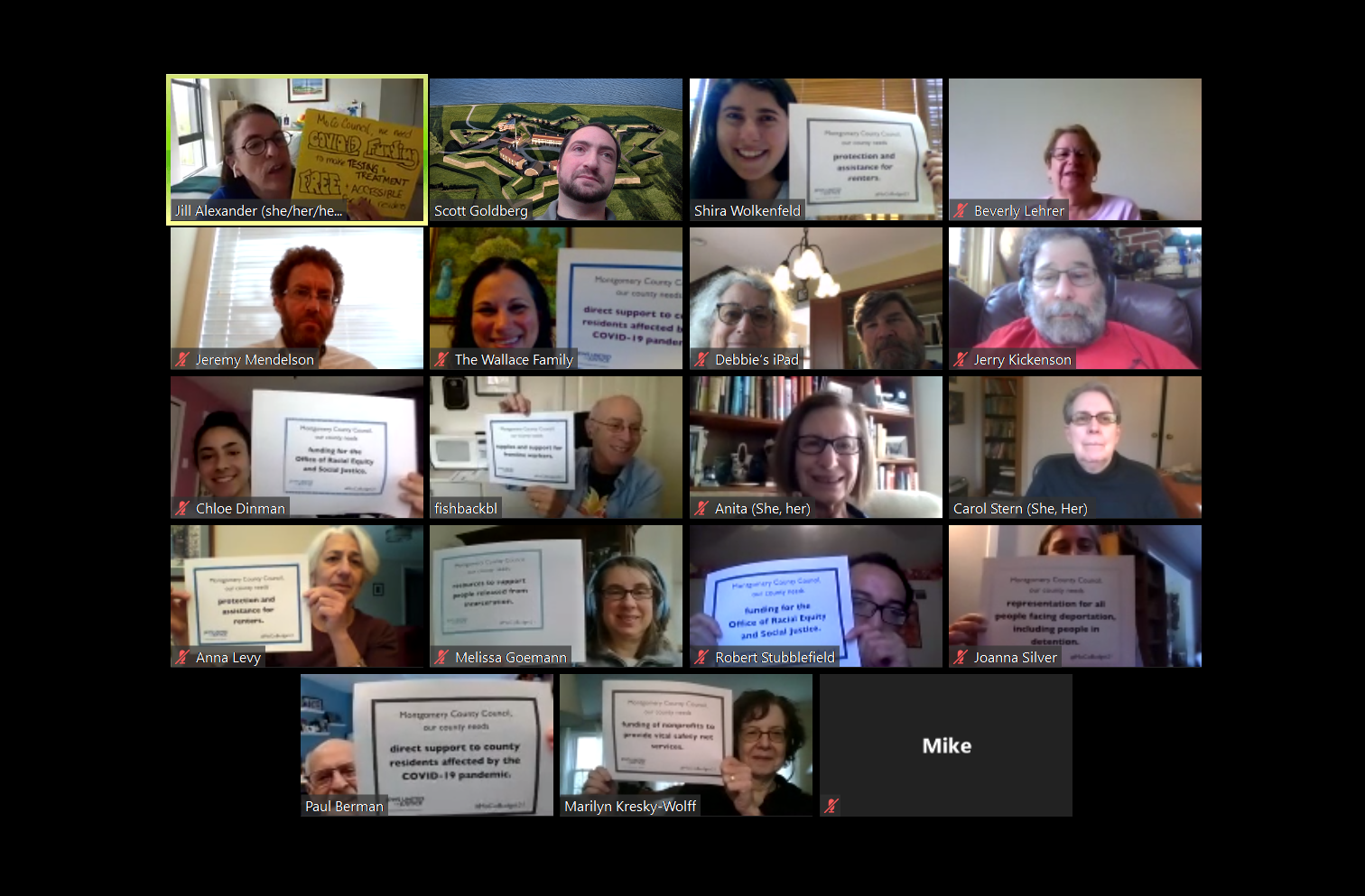 JUFJ members on Zoom advocate for a moral Montgomery County budget