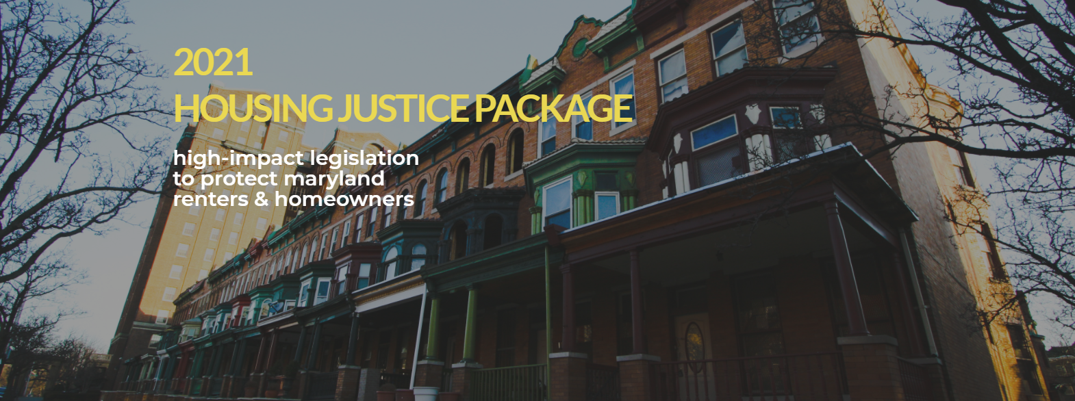 Row of houses with text "2021 Housing Justice Package"