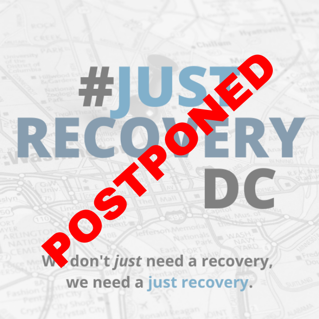 Postponed in red text over #JustRecoveryDC image