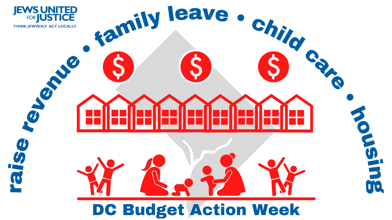 graphic of children and parents playing, rowhouses, and dollar signs with blue text reading DC Budget Action Week below and JUFJ DC's budget priorities in an arc on top. The DC map is grayed out in the background.