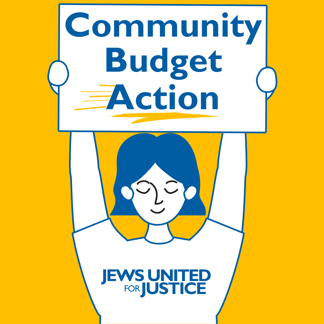 cartoon person with short hair holds a sign above their head that says "community budget action". This person is wearing a JUFJ t shirt. The whole design is white with blue lines on a bright yellow background