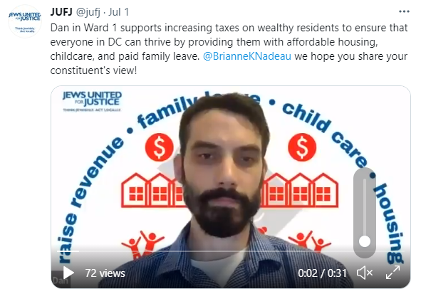A tweeted video of Dan asking DC Council to raise taxes on the rich