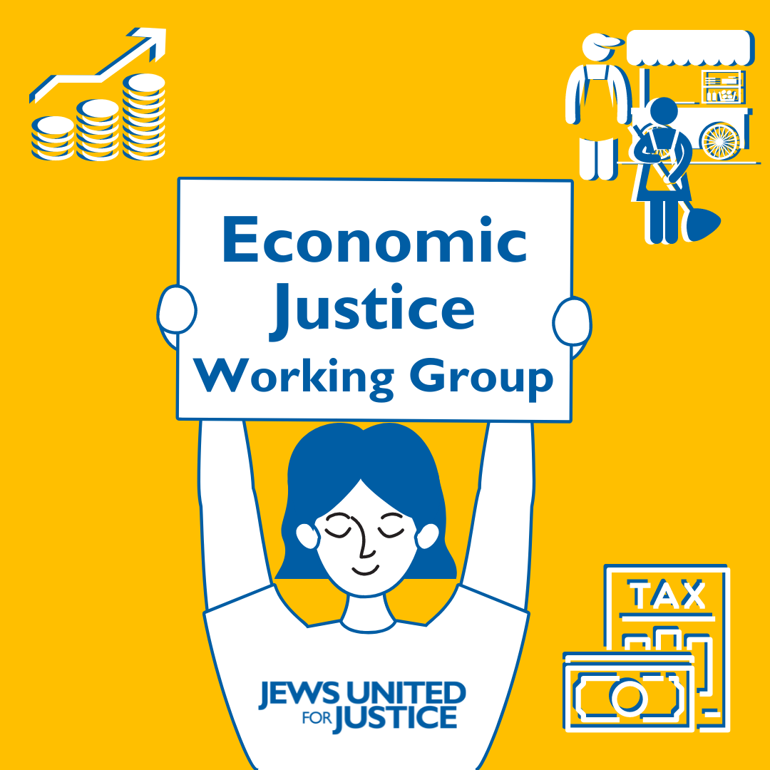 Person holding sign "Economic Justice Working Group"