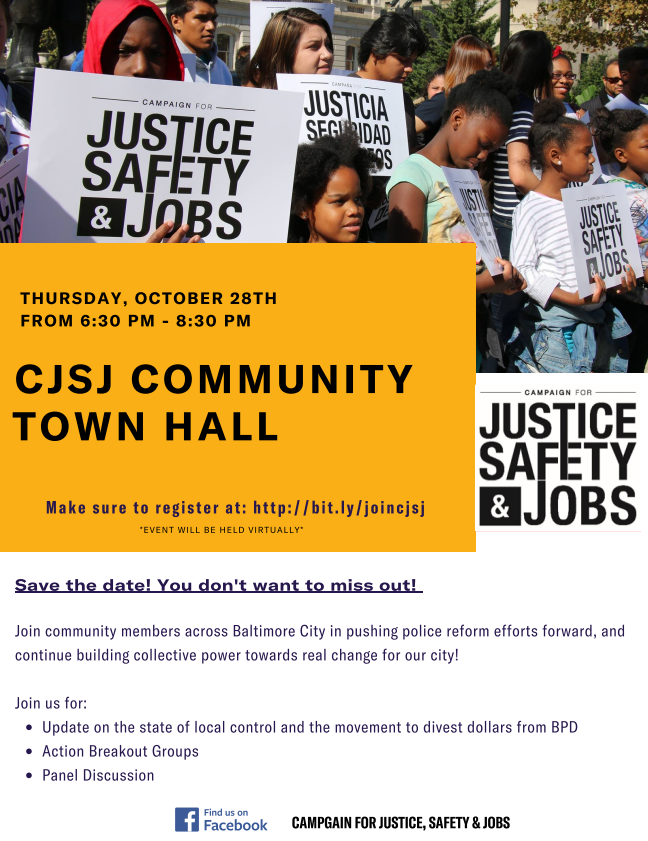 CJSJ Community Town Hall flyer with event details
