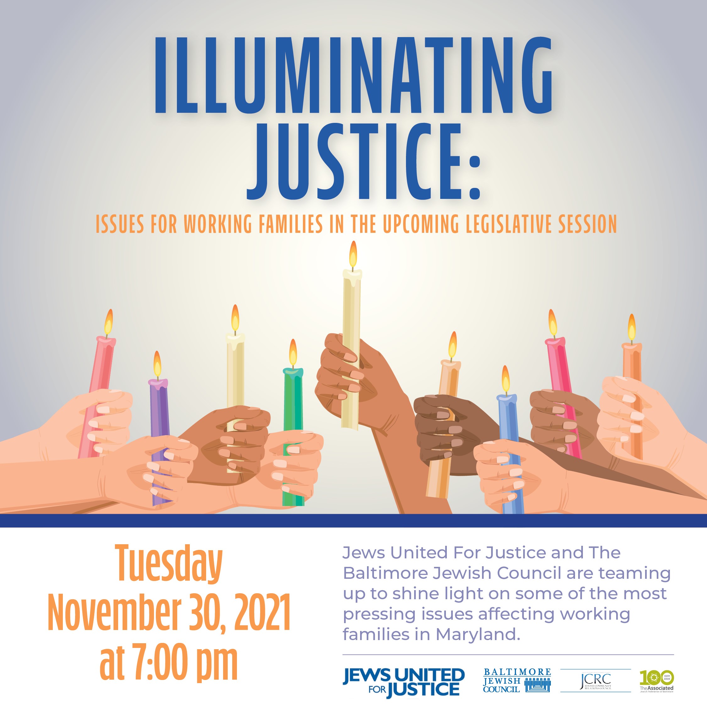 Image of people holding candles with the text: illuminating justice