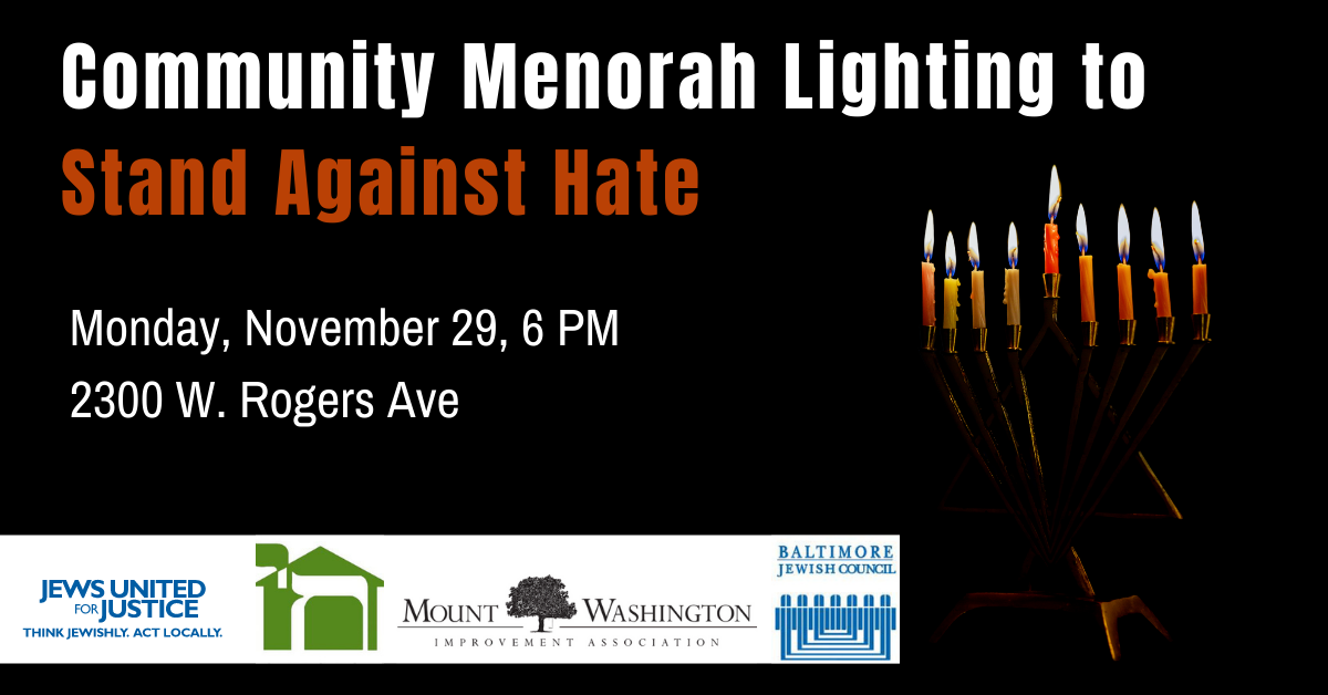 Community Menorah Lighting to Stand Against Hate with event information and lit menorah