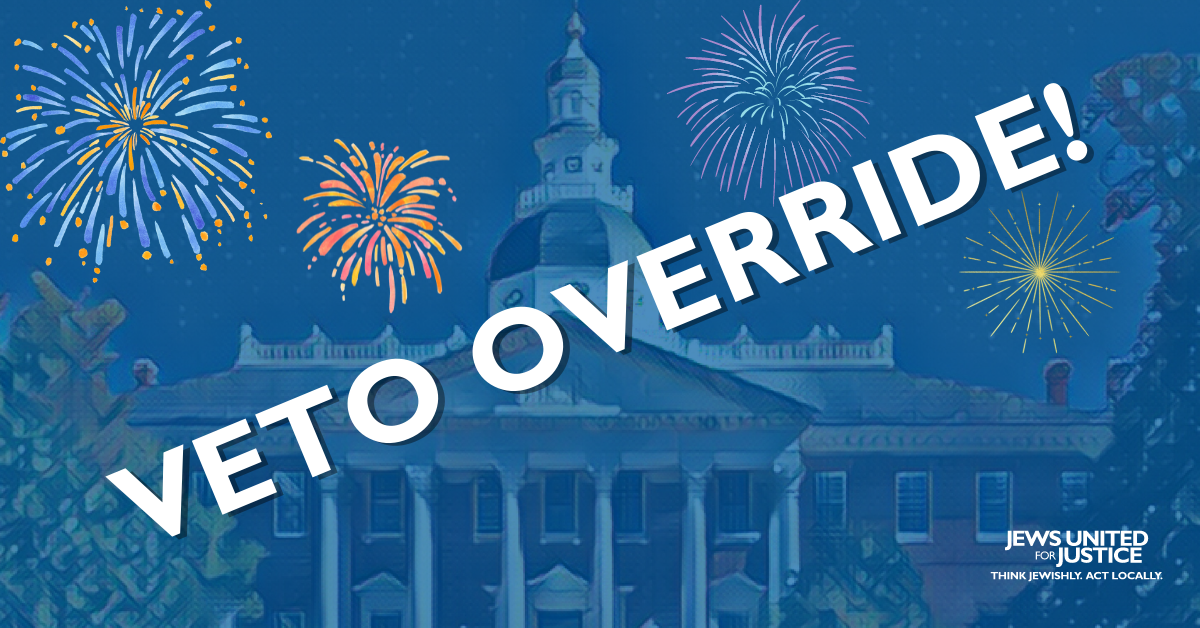 Fireworks around the Maryland statehouse with text overlaid: Veto Override!