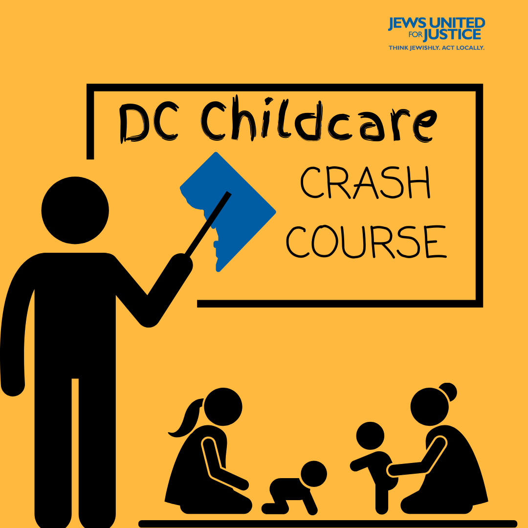 Yellow background. stick figure pointing to DC map in a box that reads DC Childcare Crash Course. Stick figure adults playing with children in bottom.