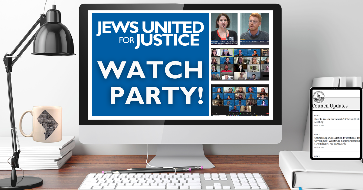 Computer with the words "Jews United for Justice Watch Party"