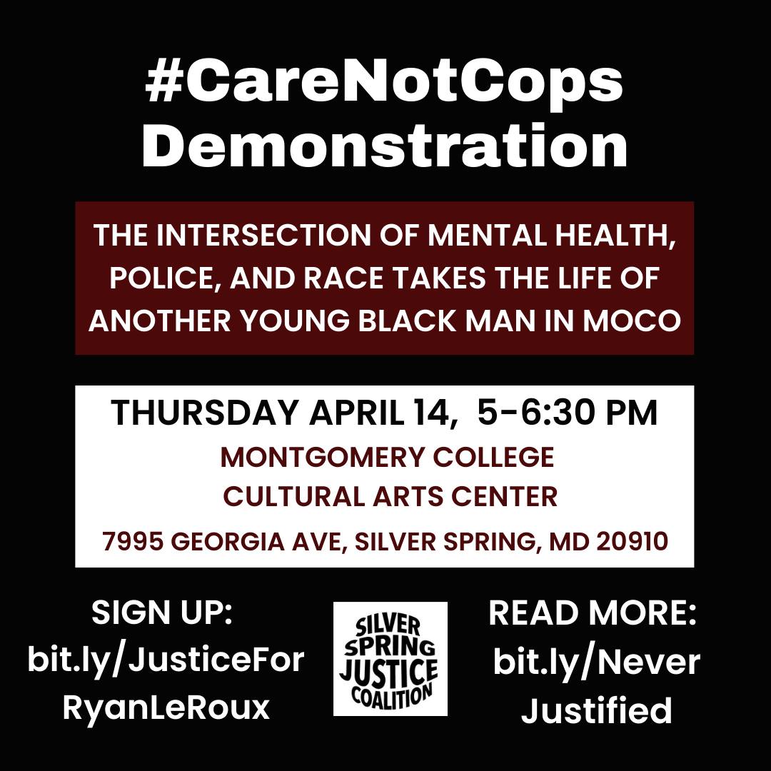 black square with text sharing demonstration location, time, sign up links, and SSJC logo