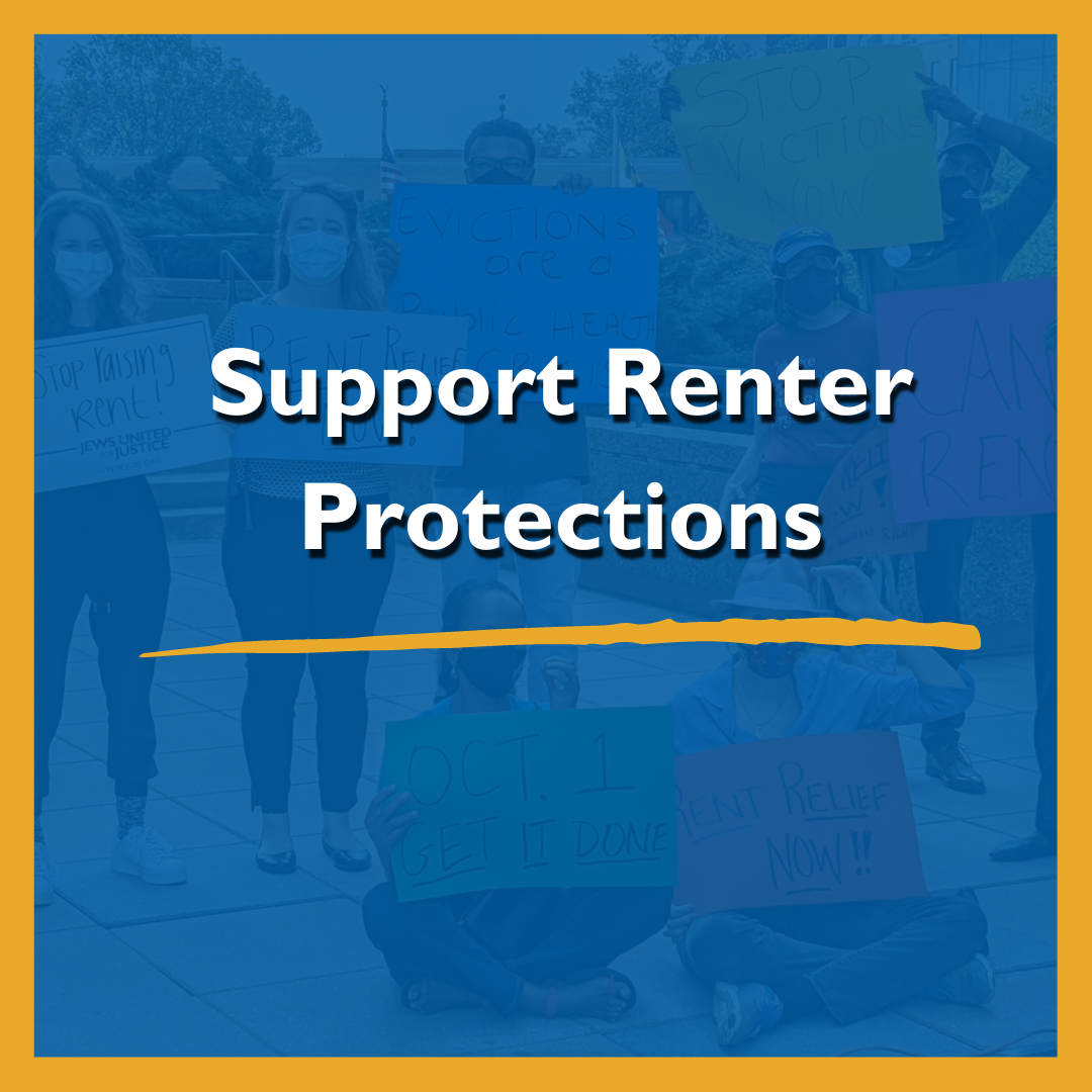 Support Renter Protections - text overlaid blued background of protesters holding signs