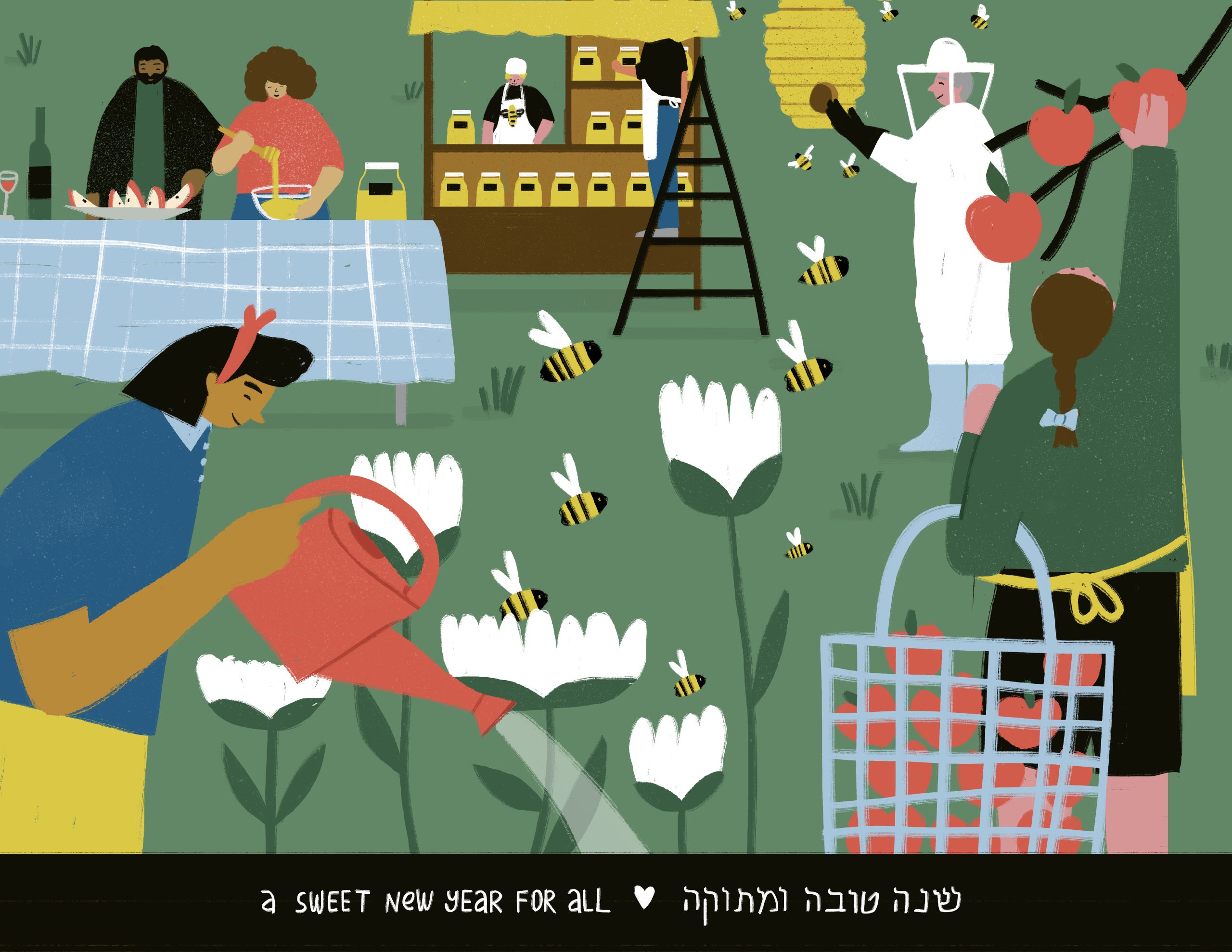 People picking apples, keeping bees, watering flowers, running a farmstand, and eating apples and honey.