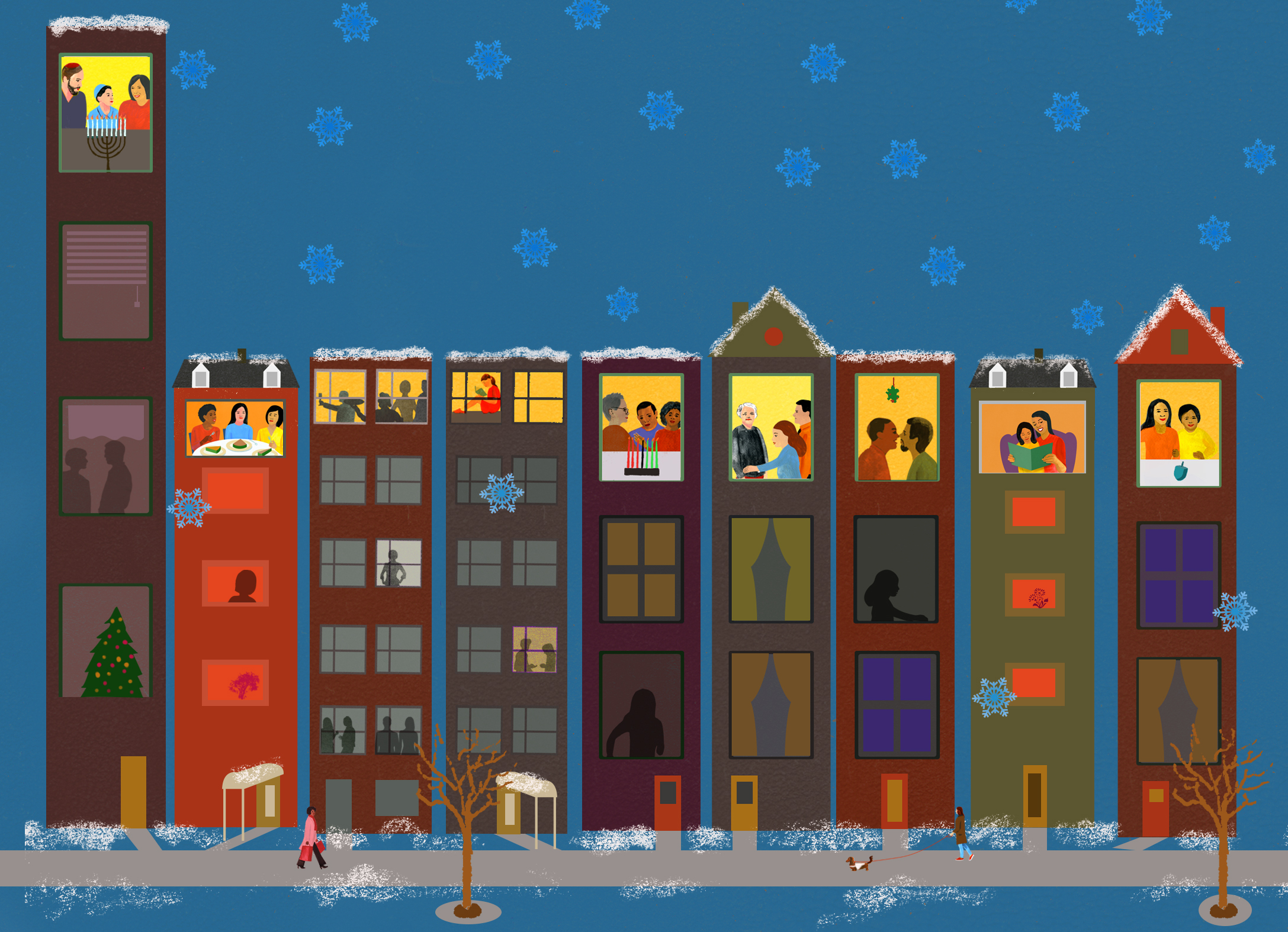 Nine apartment buildings with the topmost window in each illuminated like the flames on a fully lit menorah. Art by Ellen Weinstein
