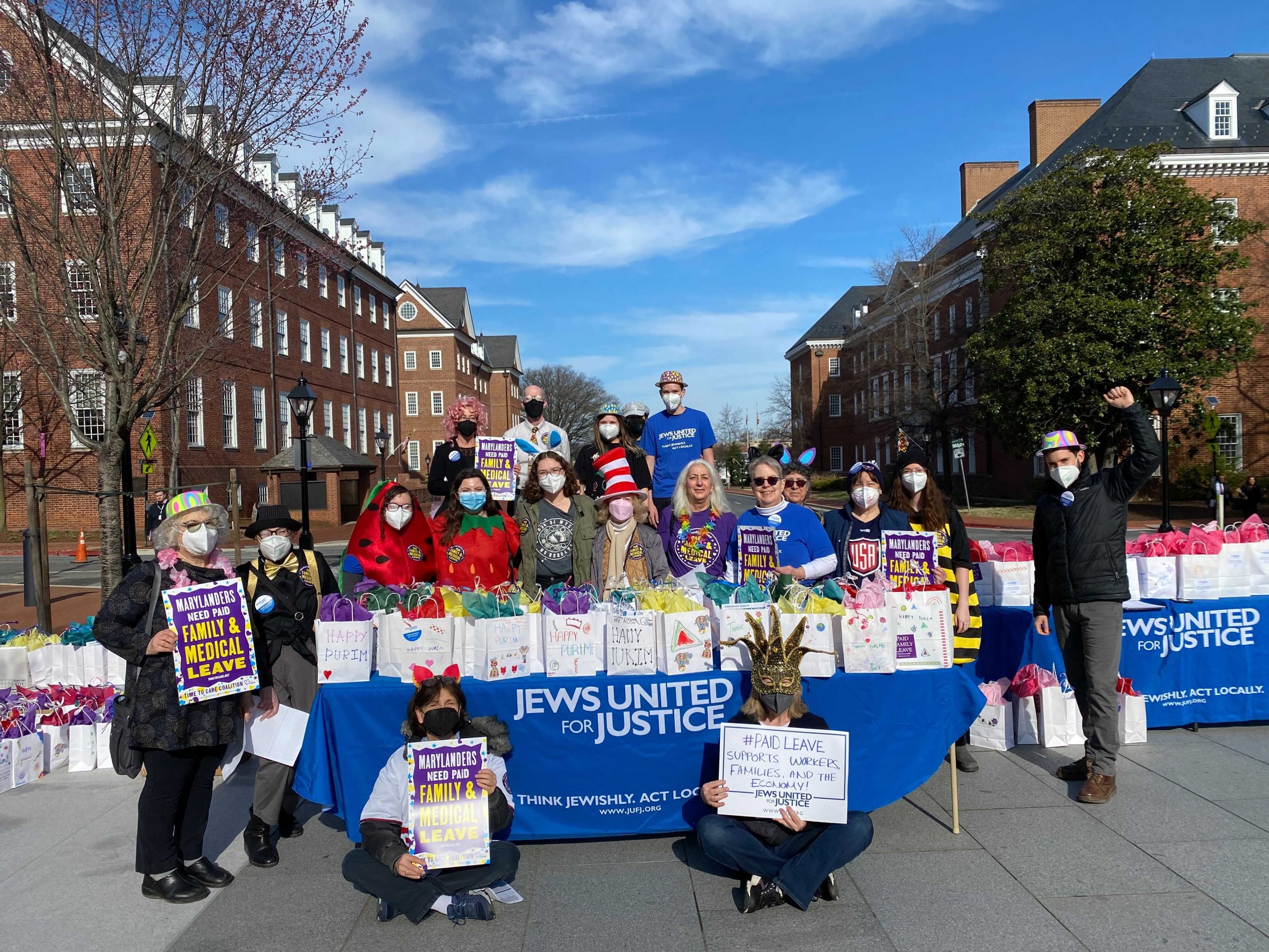 JUFJers with Purim gift bags and advocacy messages in Annapolis
