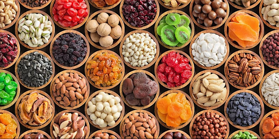 bowls of nuts and fruits