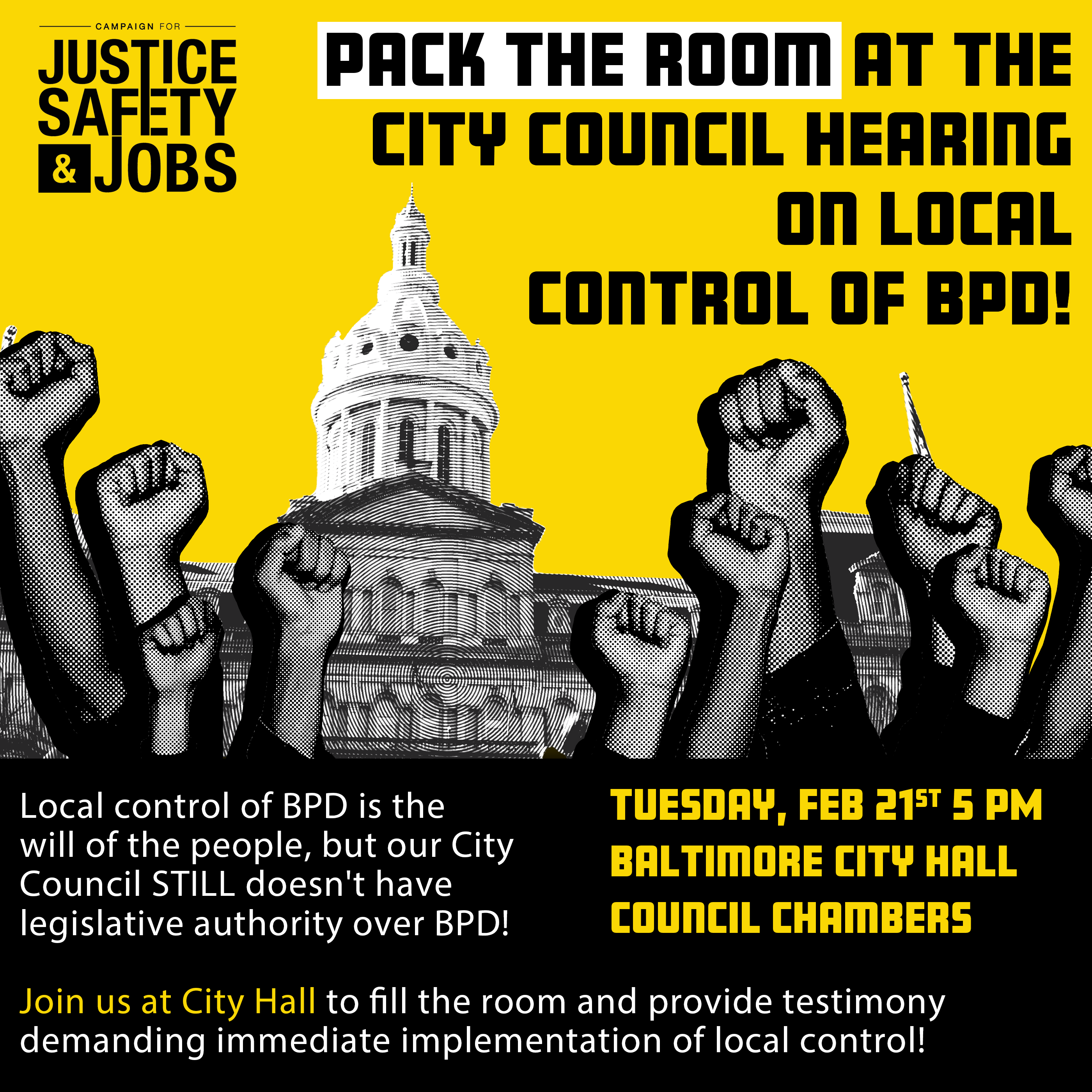 Pack the room at the City Council hearing on local control of BPD!