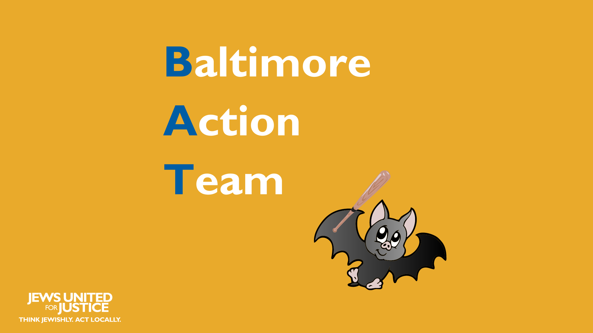 Baltimore Action Team with a flying bat holding a baseball bat