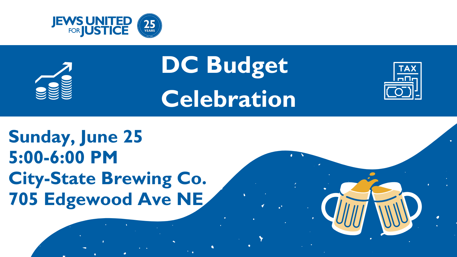 "DC Budget Celebration" with clinking beer mugs