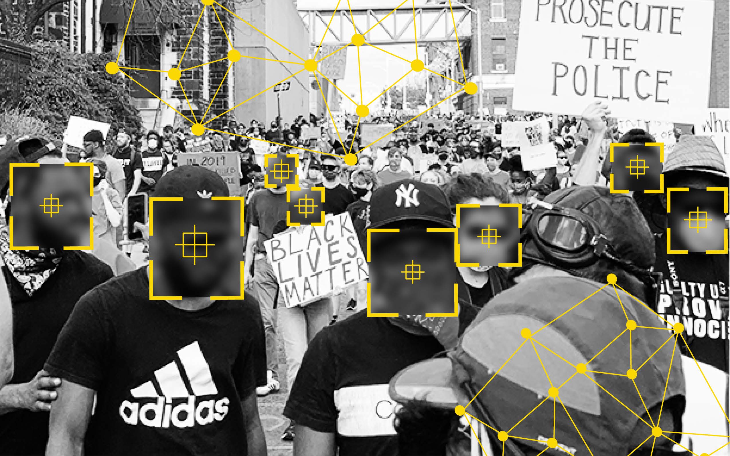 Protestors with digital targeted obscuring their faces