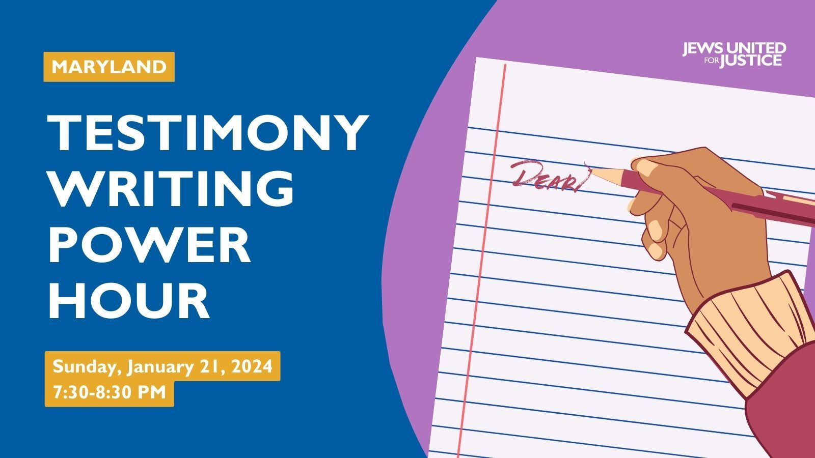 Testimony Writing Power Hour Graphic with picture of a hand writing a note