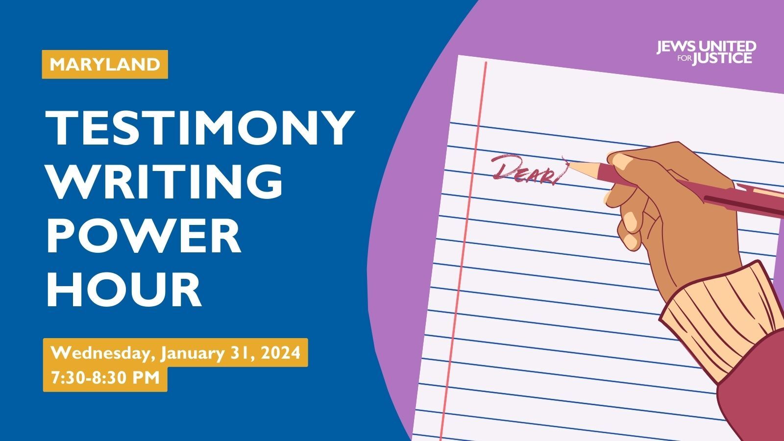 Testimony Writing Power Hour graphic with hand writing a note