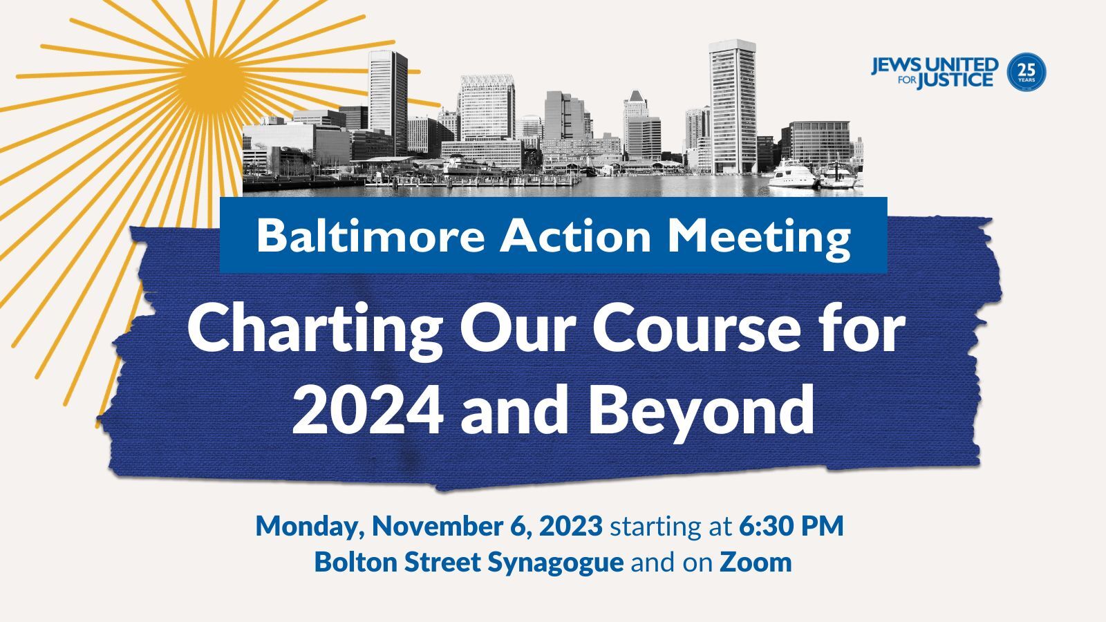 Baltimore skyline with sun and text: Charting our Course for 2024 and Beyond
