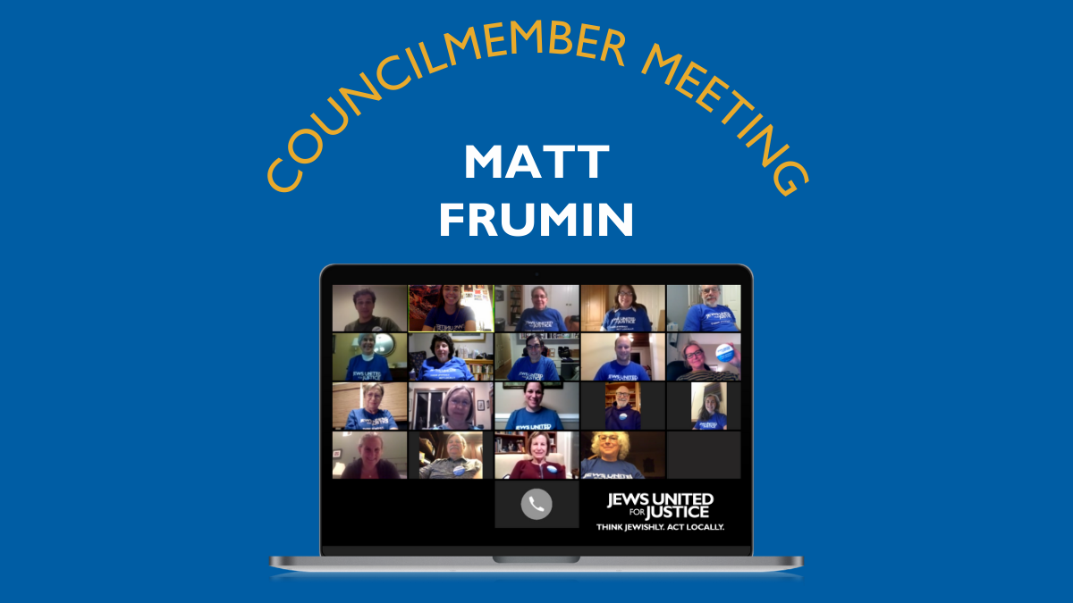 Laptop with Zoom meeting and text: Councilmember Meeting Matt Frumin