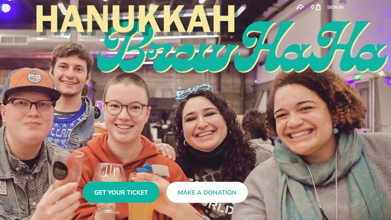 People drinking beer with text: Hanukkah BrewHaHa