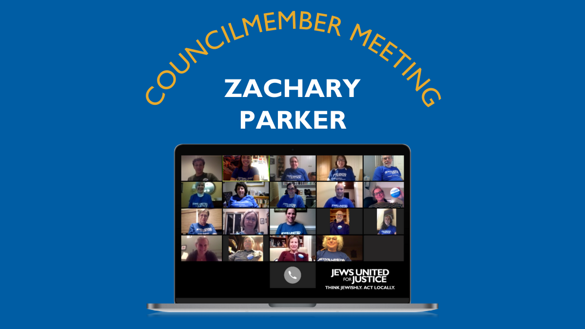 Laptop with Zoom meeting and text: Councilmember Meeting Zachary Parker