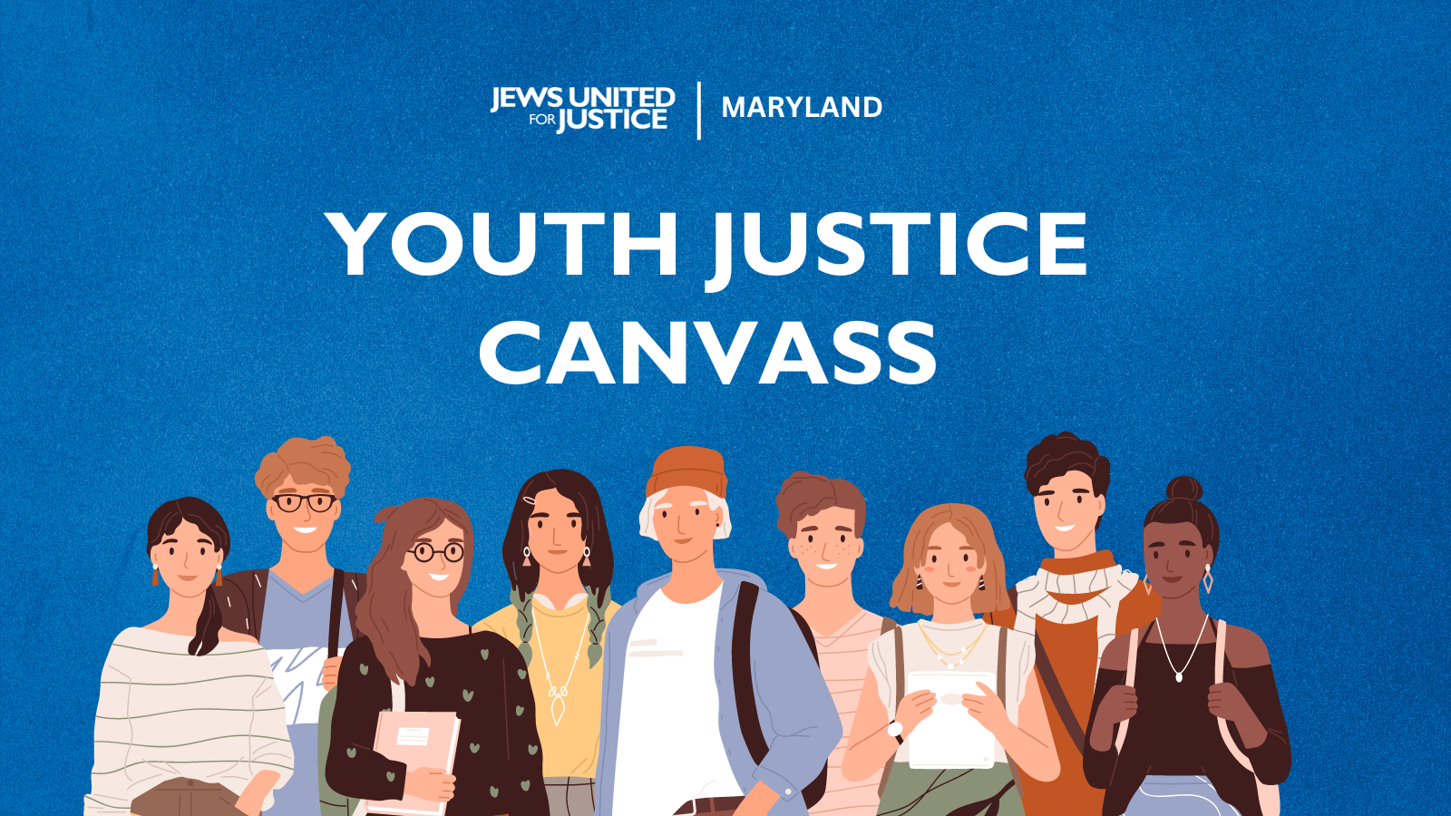 A group of cartoon teenagers with words: Youth Justice Canvass