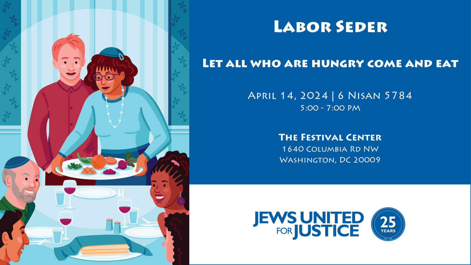 Six Jews of different races, genders, and ages gather around a seder table.