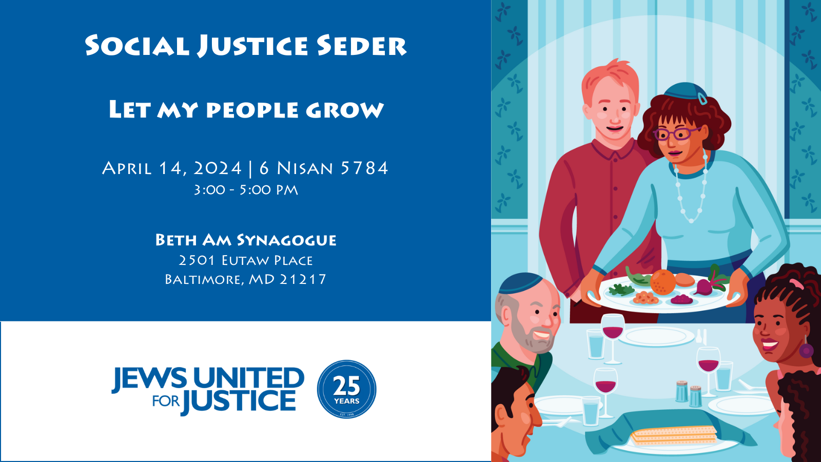Six Jews of different races, genders, and ages gather around a seder table.