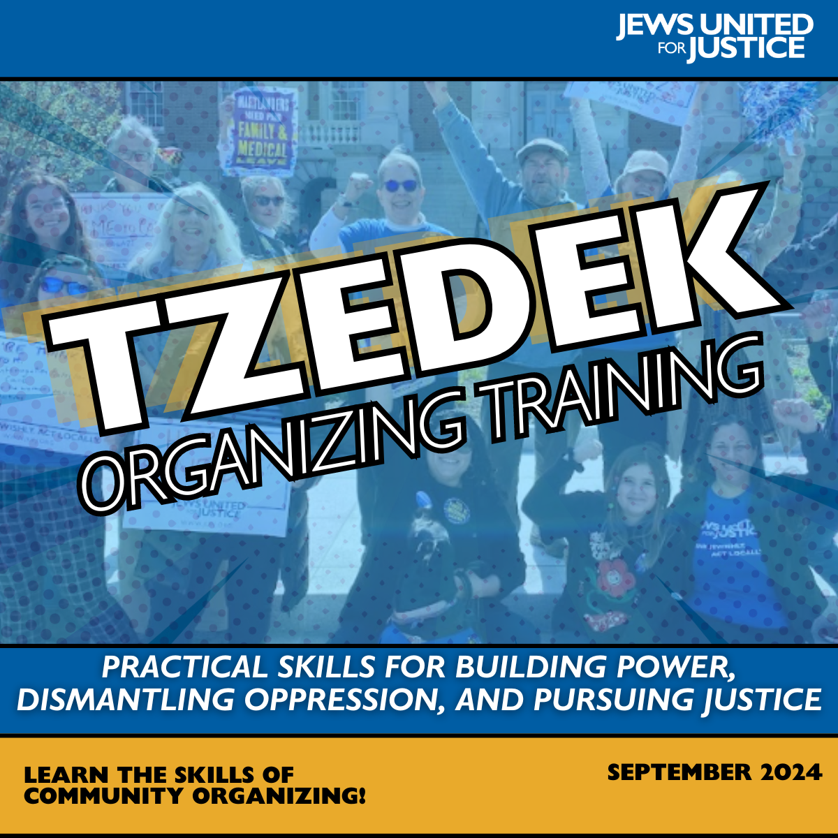 tzedek-organizing-training-graphic- JUFJers with signs in Annapolis, text overlaid: "Tzedek Organizing Training"