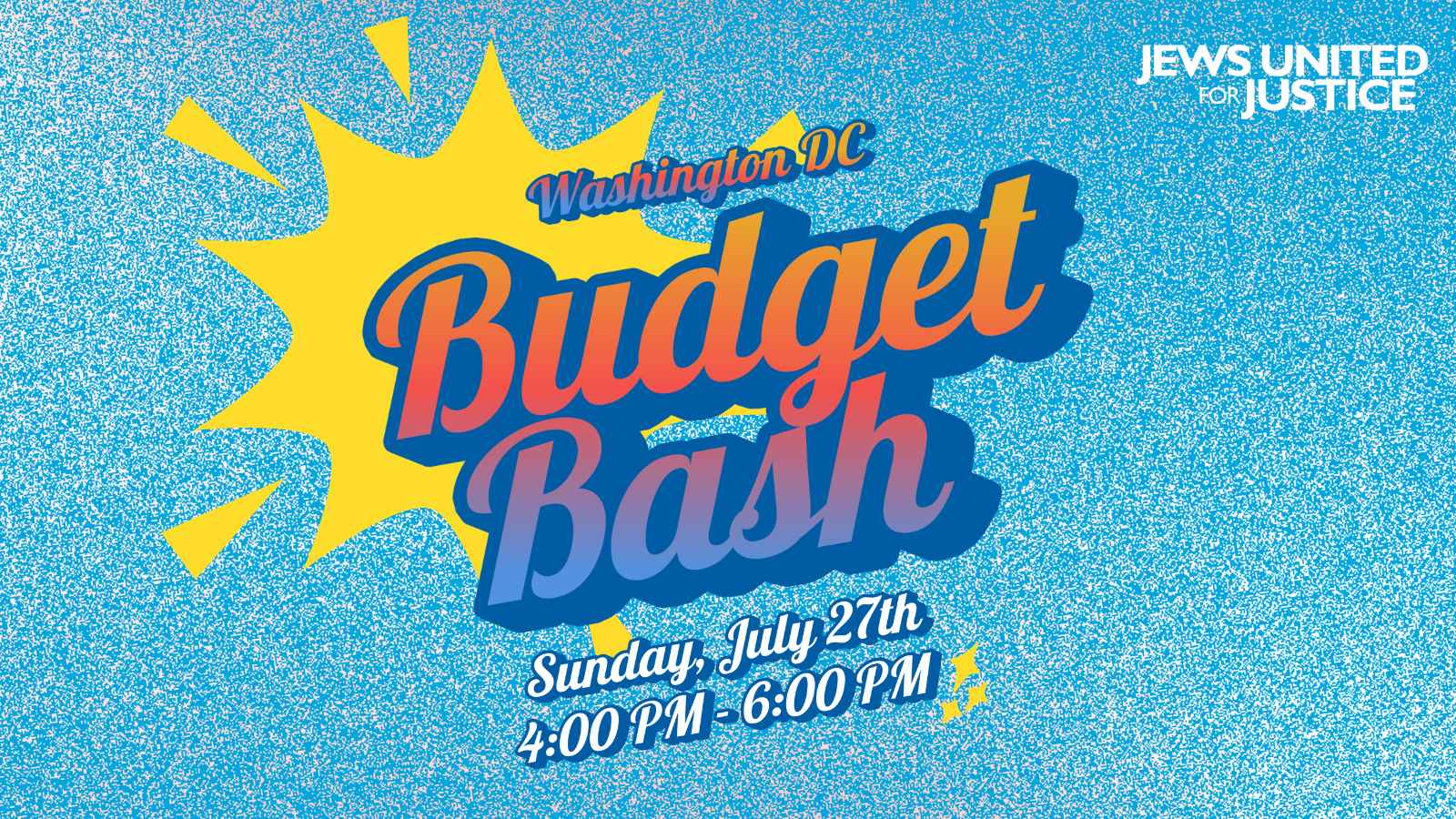DC Budget Bash Graphic, with blue water sparkly background and purple and red text. There is a graphic of the sun in the background.