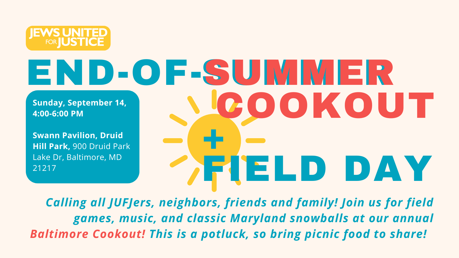 JUFJ Baltimore end of summer cookout and field day graphic