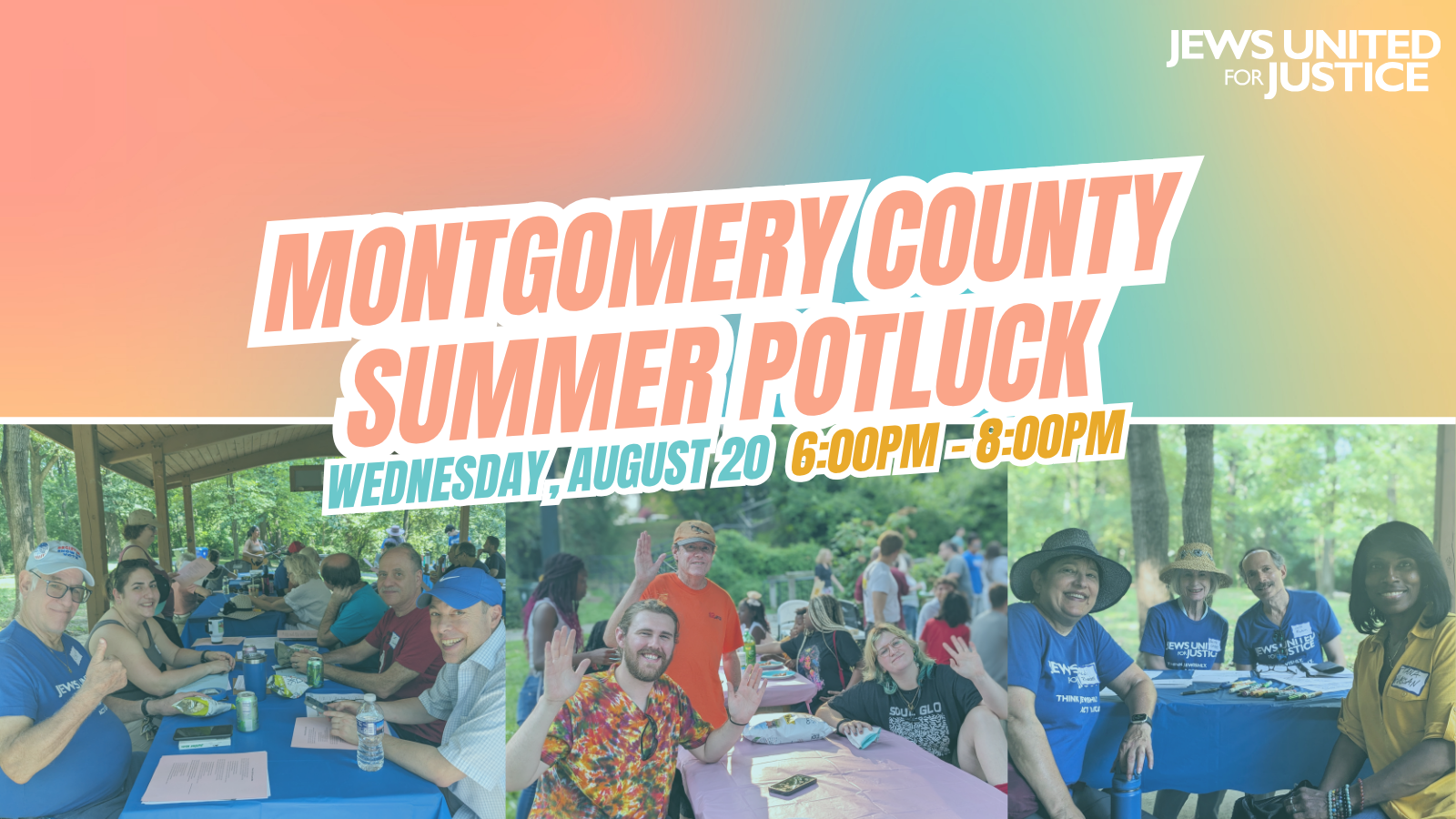 Summer Potluck event graphic ft. photos of smiling JUFJers!
