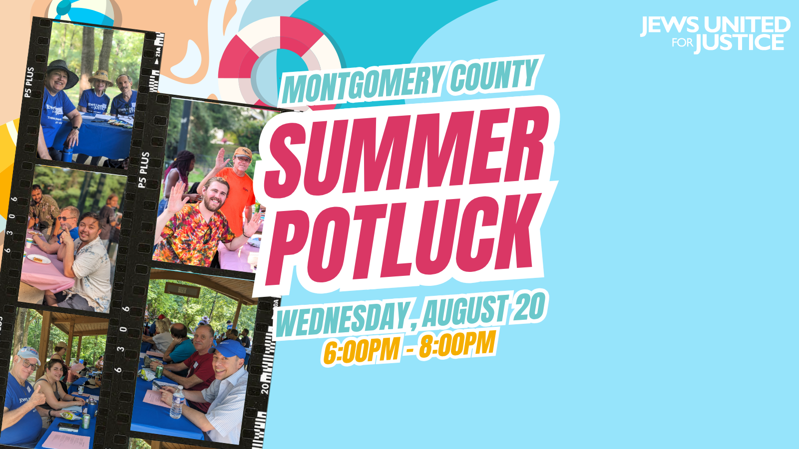 Summer Potluck event graphic ft. photos of smiling JUFJers and a beach motif